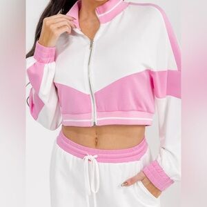 063 • Baby Pink and White Track Set | Long Sleeve Zip-up Crop Top and Pants Set